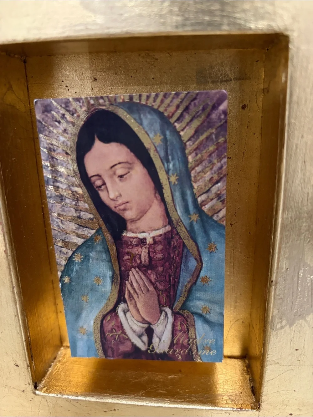 Gold leaf HandPainted Virgen De Guadalupe Wood Shadow Box Art Decor PreOwned